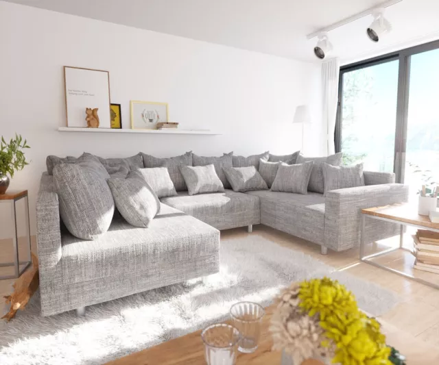 Couch Clovis Hellgrau Strukturstoff mit Armlehne Wohnlandschaft modular