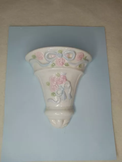 Vintage ceramic Wall pocket,  Blue ribbon and pink roses on white pocket,  6 in