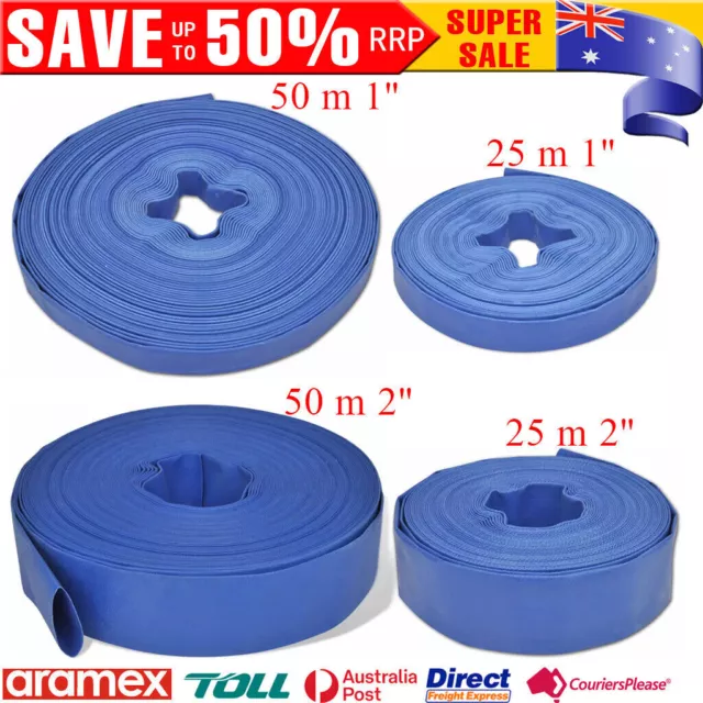 25m/50m PVC Layflat Water Delivery Hose Discharge Pipe Pump Irrigation Tool Blue