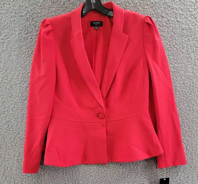 TAHARI ASL Peplum One Button Suit Jacket Women's 8 Red Solid Puff Long Sleeve