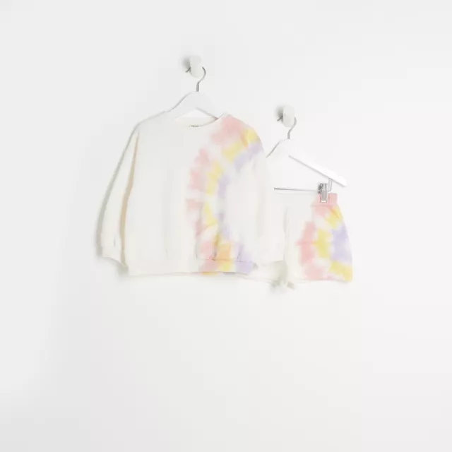 River Island Mini Girls Shorts Sweat 2 Piece Outfit Cream Tie Dye Outfit