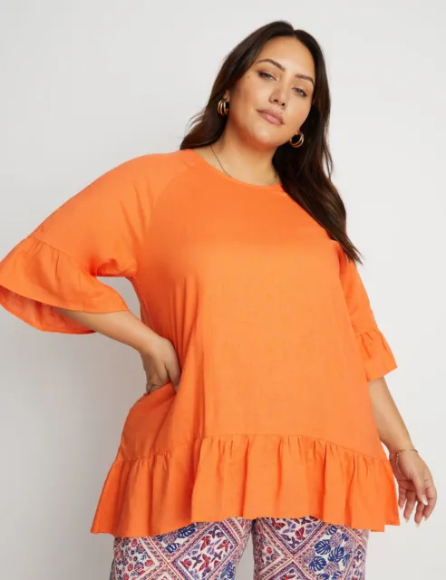 BeMe - Plus Size - Womens Tops -  Elbow Frill Sleeve And Hem Button Backtop