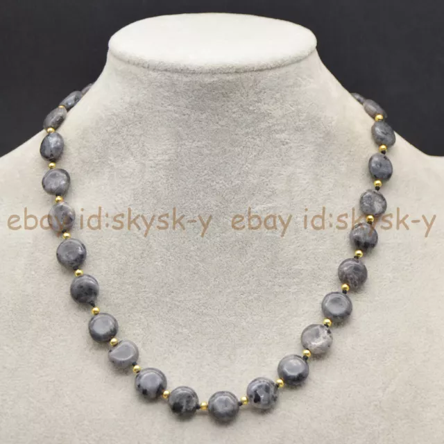 Natural Black Labradorite 12mm Flat Coin Gemstone Beads Necklace 14-100 inches