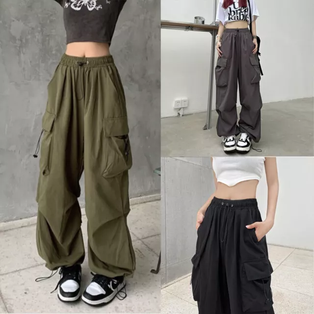 Women Cargo Combat Work Wide-Leg Trousers Ladies Loose Elastic Waist Pants Sizes