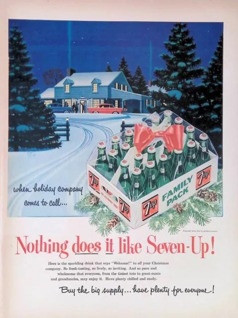 Print Ad 1950's Seven-Up Bow Christmas Snowy Night Vintage Cars Fireplace Smoke