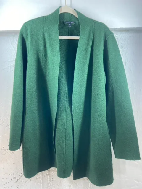 Eileen Fisher Sweater Womens M Green 100% Wool Cardigan Lagenlook Pockets