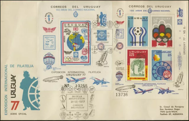 Uruguay Ausstellung Luftfahrt URUGUAY'77: 2 Blöcke auf Brief SSt 31.7.77