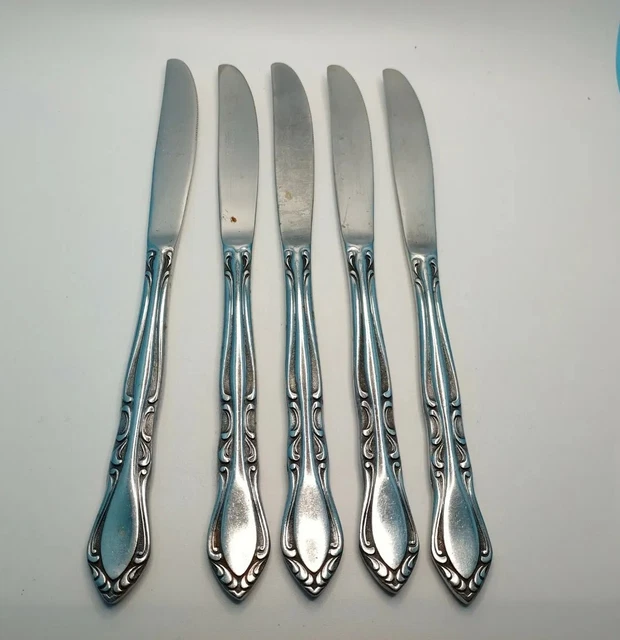 Vtg Stanley Rogers Korea AUBERGE Dinner Knives Stainless Scroll Pattern Set of 5