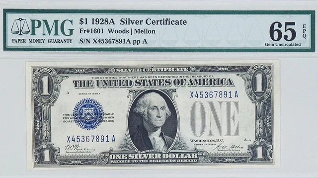 Series 1928A $1 Silver Certificate Funnyback Fr. 1601 PMG 65EPQ Gem Uncirculated