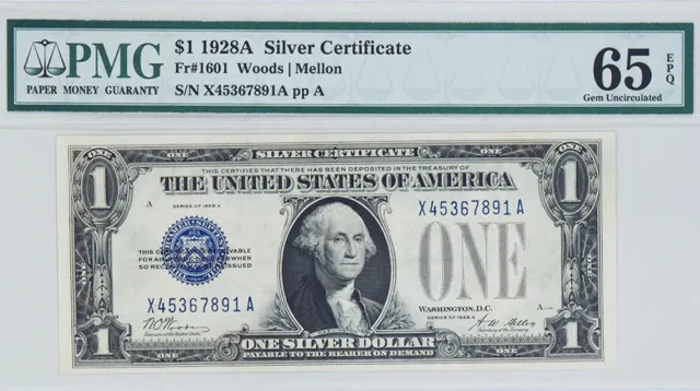 Series 1928A $1 Silver Certificate Funnyback Fr.1601 PMG 65EPQ Gem Uncirculated