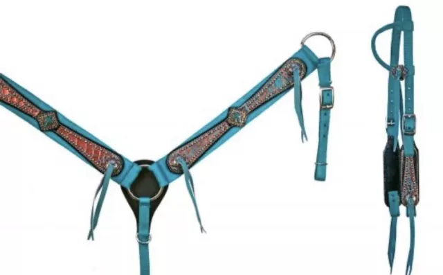 Western Teal Nylon Bridle Headstall & Breast Collar Set w Reins & Cross Stones