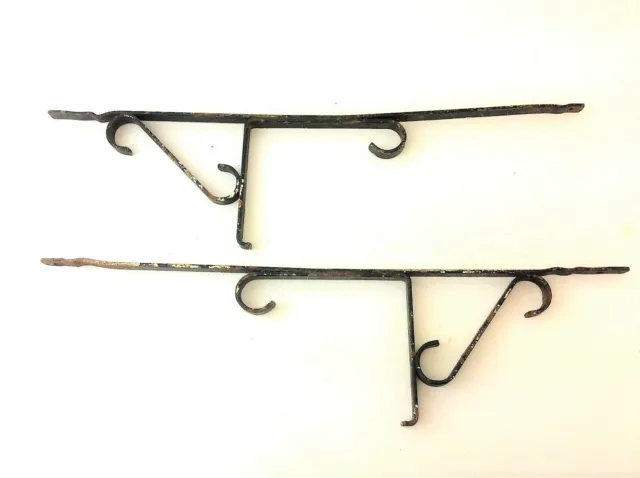 Two Vintage Wrought Iron Metal Black Hanging Fabricated Shelf Brackets Hangers