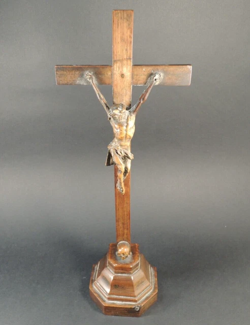 Antique French Hand Carved Wood Jesus Christ Altar Crucifix Skull Memento mori