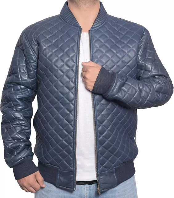 Quilted Leather Jacket Men's Original Lambskin Bomber Jacket Biker Casual Style