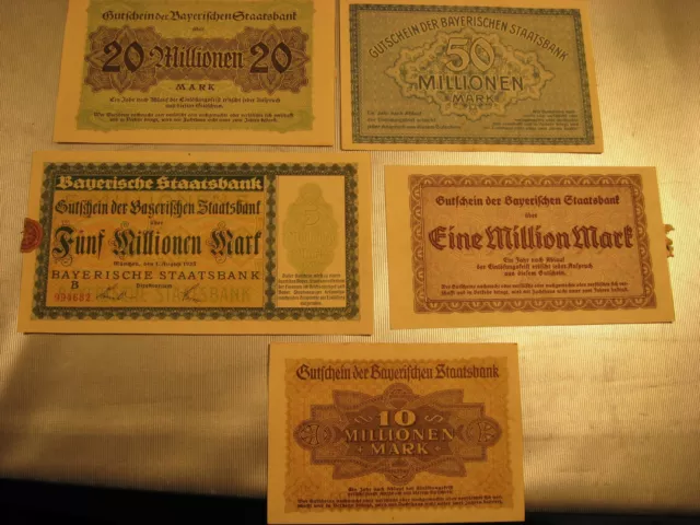 Notgeld 5 Originale Bayerische Staatsbank,München 1923 Millionen Gutscheine