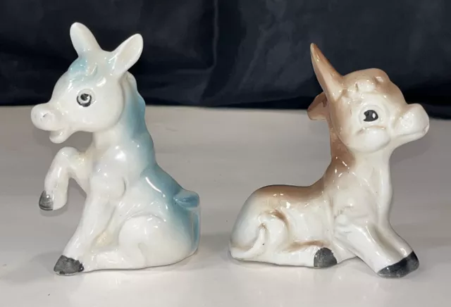 Vintage Anthropomorphic Lot Of 2 Porcelain Ceramic Donkeys Mule Figurines Japan