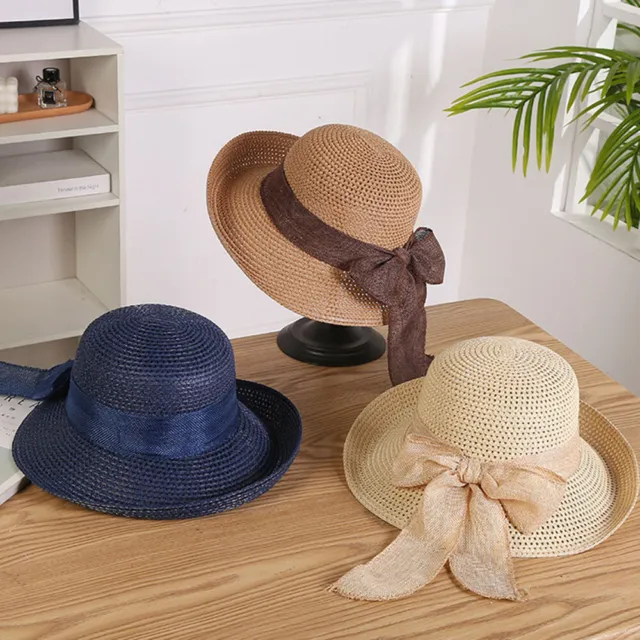 Women Ladies Straw Sun Hat with Bow UPF50 Floppy Beach Hats Summer Vacation Cap