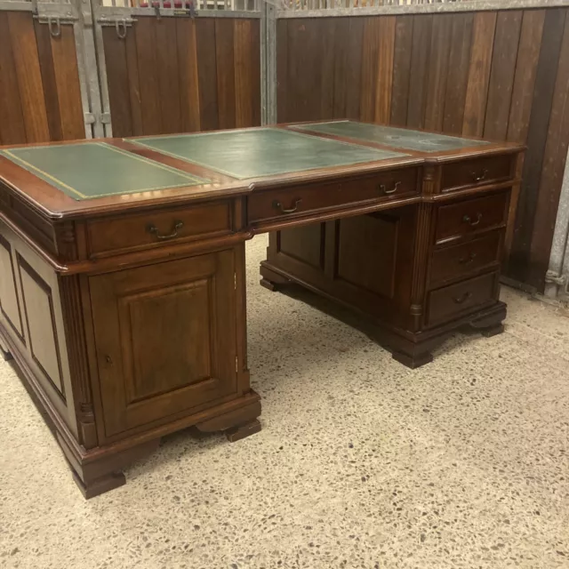 Large Solid Mahogany pedastal partners desk with leather top and drawers