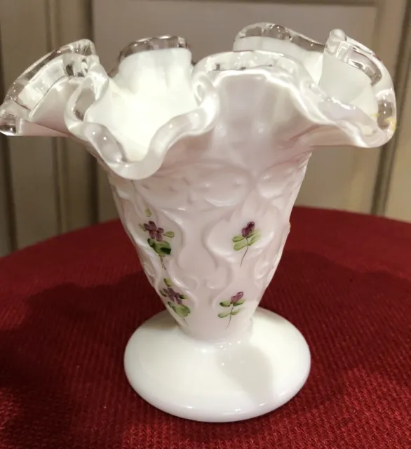 Fenton Milk Glass Vase Ruffled Crimped Edge 4" Hand Painted Lavender Flowers