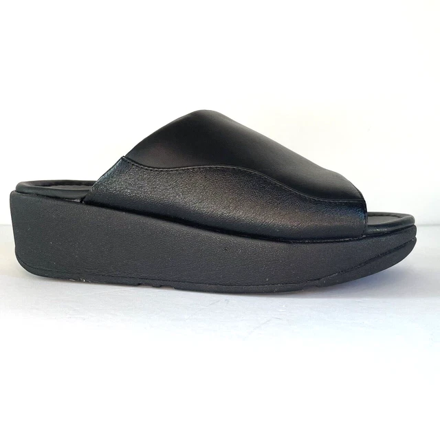 Fitflop MYLA Slides Platform Mule Size 6 Black Leather Wedge Sandal Slip On