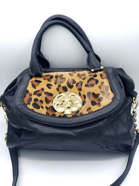 EMMA FOX BLACK Leather Handbag - Leopard Trim Purse - Medium $18.99 -  PicClick
