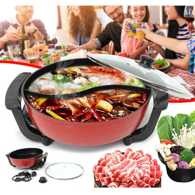 Smokeless Twin Divided Electric Hot Pot Dual Side Shabu Non-Stick Cooker W/ Lid