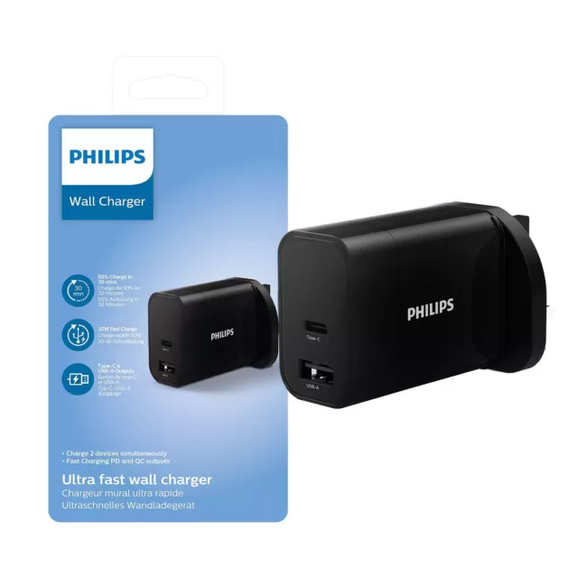 Philips Cargador 30W 3 Clavijas Ru Enchufe USB C Y USB A Puertos sin Cable