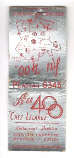 Au 400 Restaurant Montreal Quebec Canada Vintage Matchbook Cover SL14