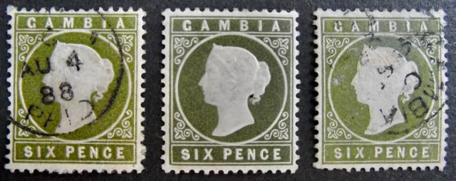 Timbres Gambie (3) Victoria Six Pence Vert bronze et Olive Fil CA Couronne TB