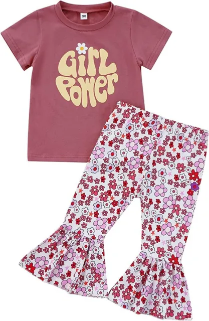 NWT Boutique Girls Size 7-8 Short Sleeve Mauve Floral Shirt Bell Bottom Pants