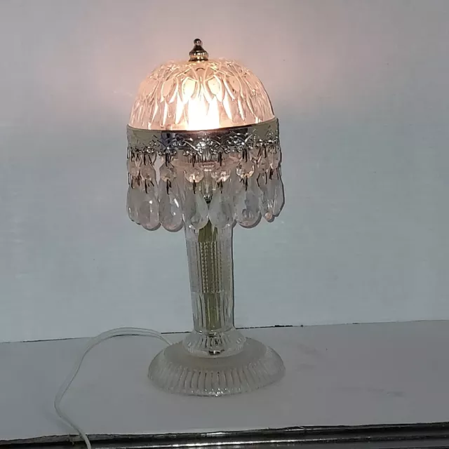 Vtg Holland Boudoir Parlor Table Lamp Cut Glass 18 Teardrop Crystals Art Dec 11"