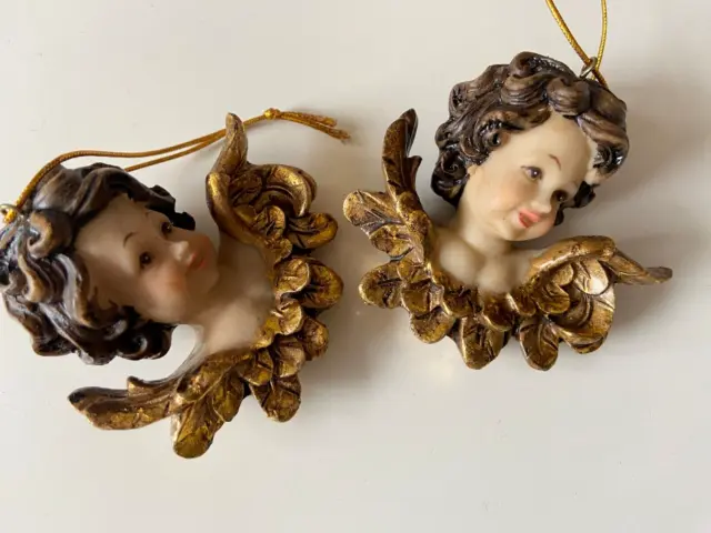 Vtg Hand Painted Carved Wax Pair of Seraph Cherub Angel Putto Hanging Ornament