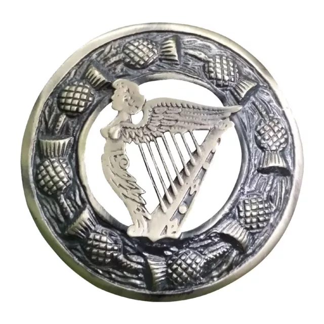 Celtic Harp Kilt Fly Plaid Brooch Antique Finish 3"/Scottish Irish Pin Brooches