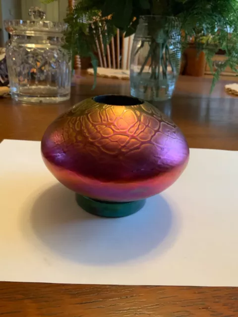 Rare Stuart Abelman Iridescent Cranberry Hand-Blown Flower Frog Art Glass Vase