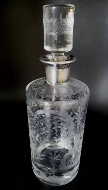 Vintage Antique Sterling Silver Crystal Decanter Etched Wine Liquor Bottle