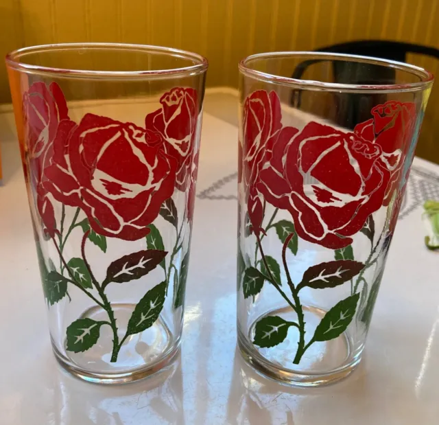 2 Bartlett-Collins Mid Century Drinking Glasses Red Roses Green Leaves