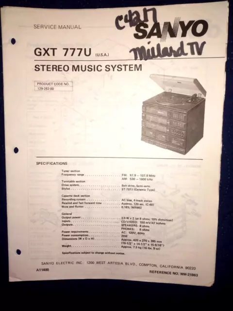 Sanyo Gxt777U Stereo Music System Original Service Manual