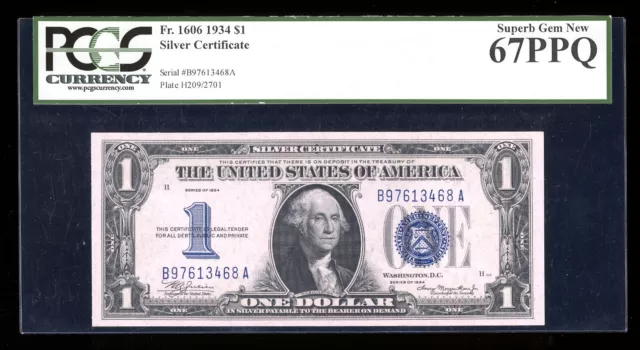 DBR 1934 $1 Silver Superb Gem Fr. 1606 BA Block PCGS 67 PPQ Serial B97613468A