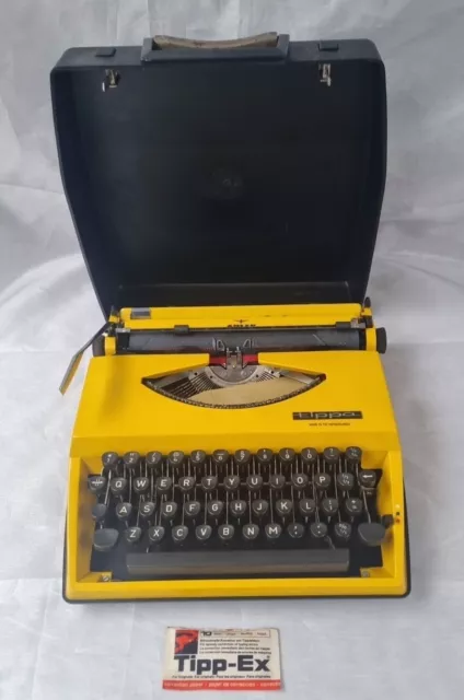 Rare Adler Tippa 70's Yellow Typewriter in Case w/ Protector & Tipex Holland