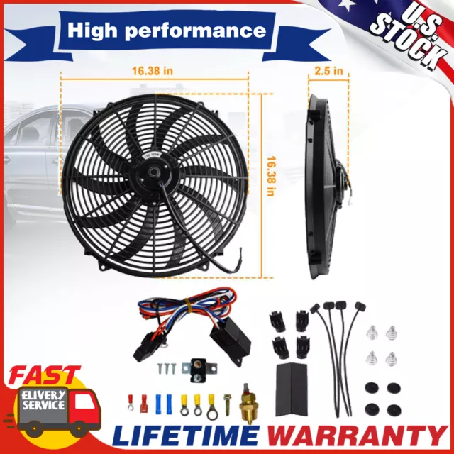 3500CFM 16'' Black Electric Radiator Cooling Fan 12V Thermostat Relay Switch Kit