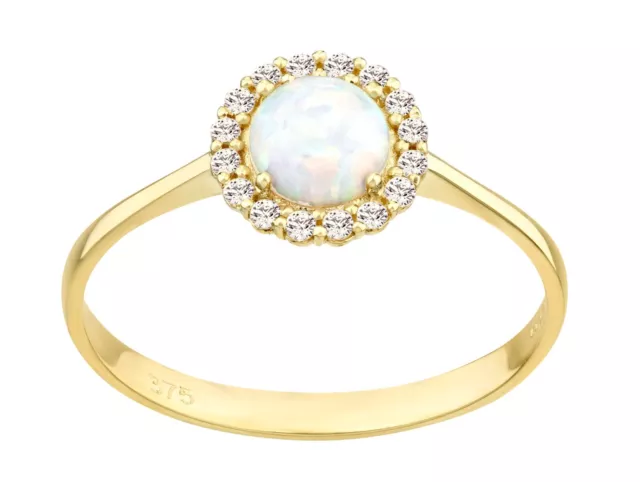 9ct Yellow Gold Opal & Cz Halo Solitaire Engagement Ring size J to S