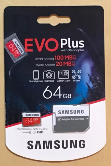 SAMSUNG EVO Plus 64GB MicroSDXC UHS-I Card - Class 10 - FHD + SD Adapter.