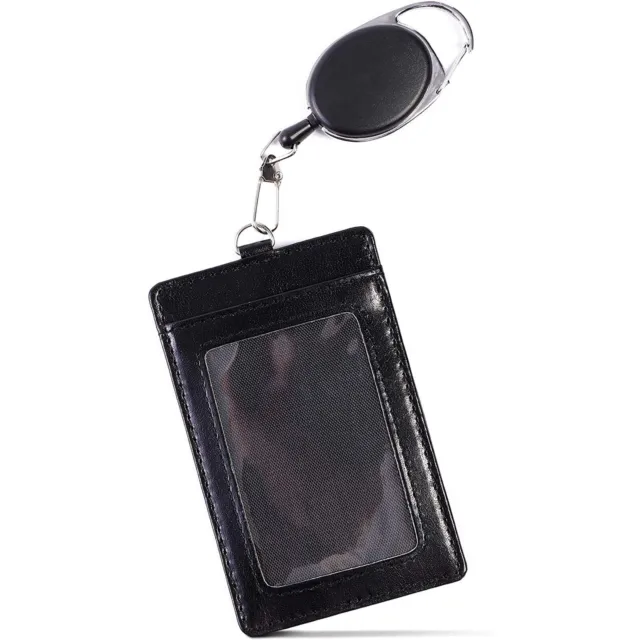 Retractable Reel with Leather Vertical Badge ID Card Holder and 2 Back Slots