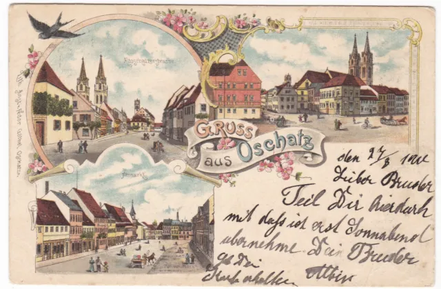 AK Litho Gruss aus Oschatz 1900 Altmarkt Altoschatzerstraße Platz mit Kutsche