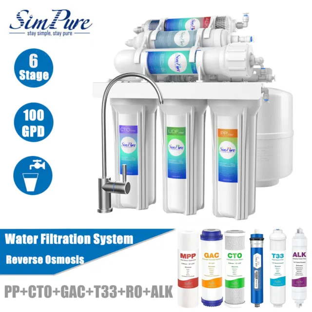 Simpure 6 Stage 100GPD Alkaline Reverse Osmosis RO Water Filter System Undersink