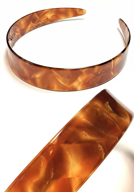 Headband Women Girls Hair Flexible Marbled Print Brown Grip Teeth Made in France