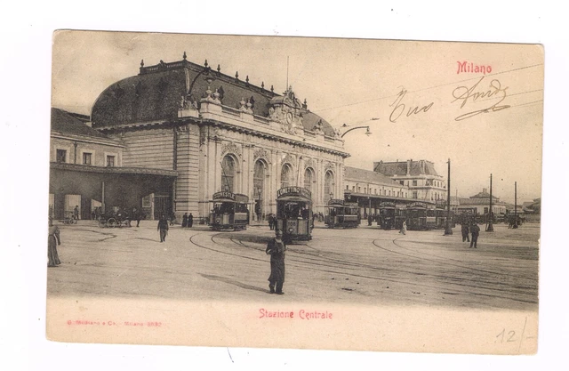 cartolina milano stazione centrale vari tram con pubblicità spedita inizio 900