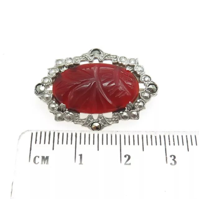 925 Sterling Silver Antique Victorian Real Carved Carnelian Marcasite Pin Brooch 3