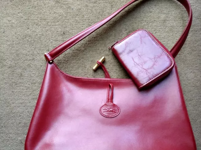 Longchamp Women's Patent Leather Red Handbag Wallet Case 
