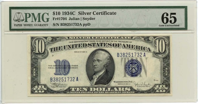 1934C $10 Silver Certificate Blue Julian Snyder Fr# 1704 PMG GEM 65 EPQ
